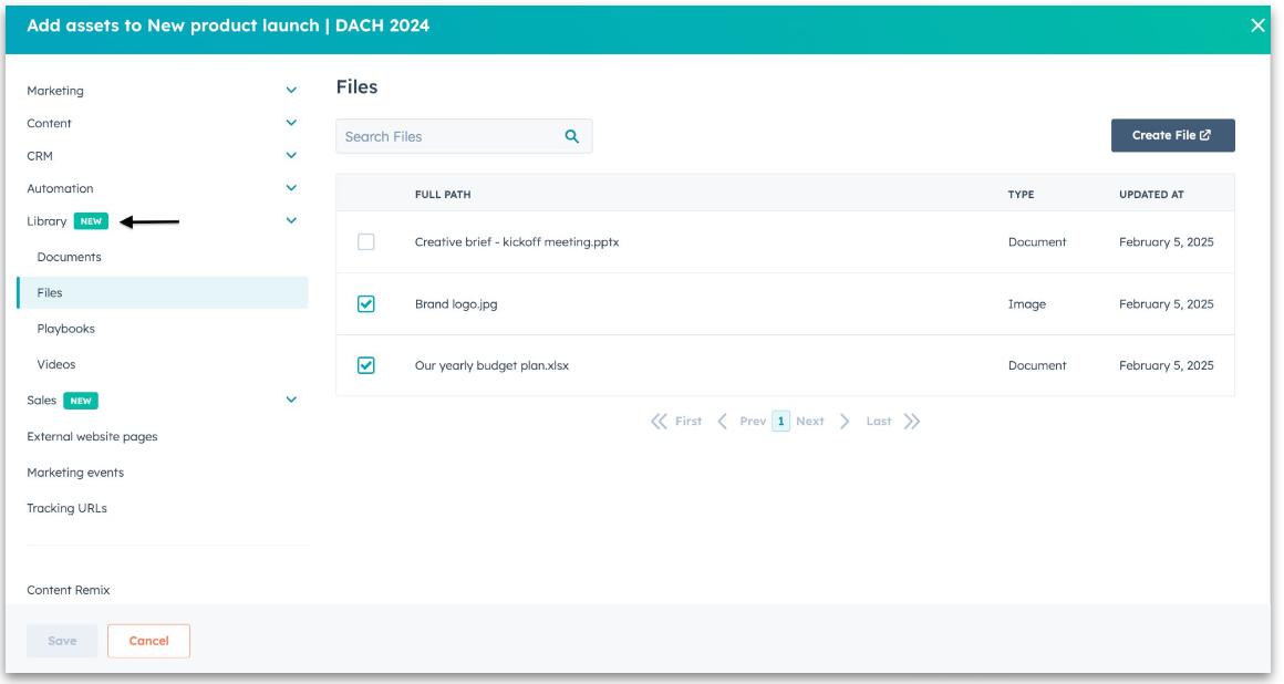 HubSpot | Add library assets to campaigns