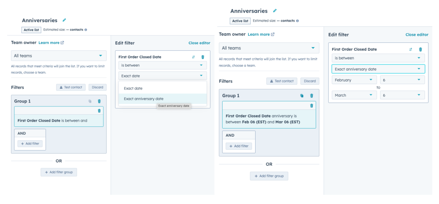 Anniversary filters within HubSpot