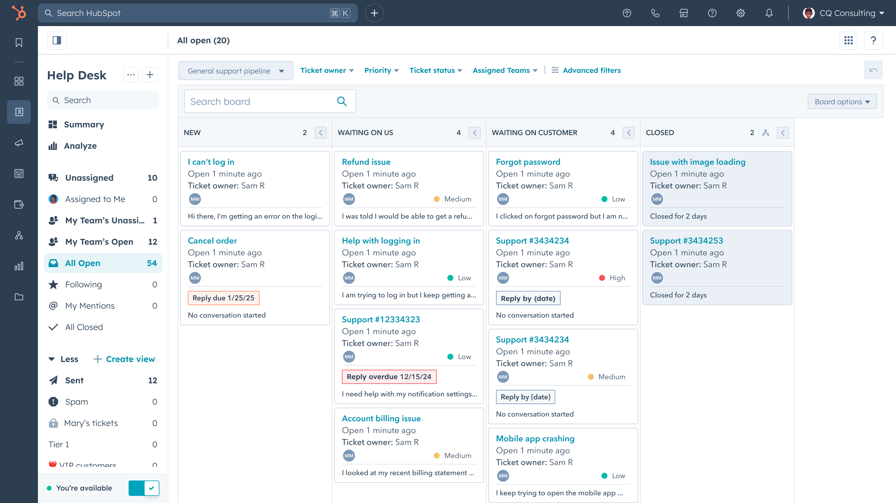 View of HubSpot help desk board layout