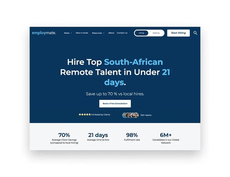 Employmate recruitment website homepage showing remote talent hiring search functionality.