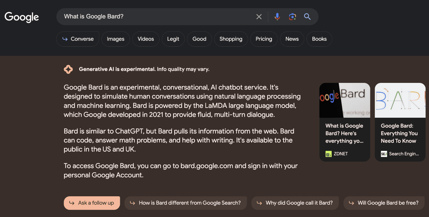 Snapshot of Google SGE search result