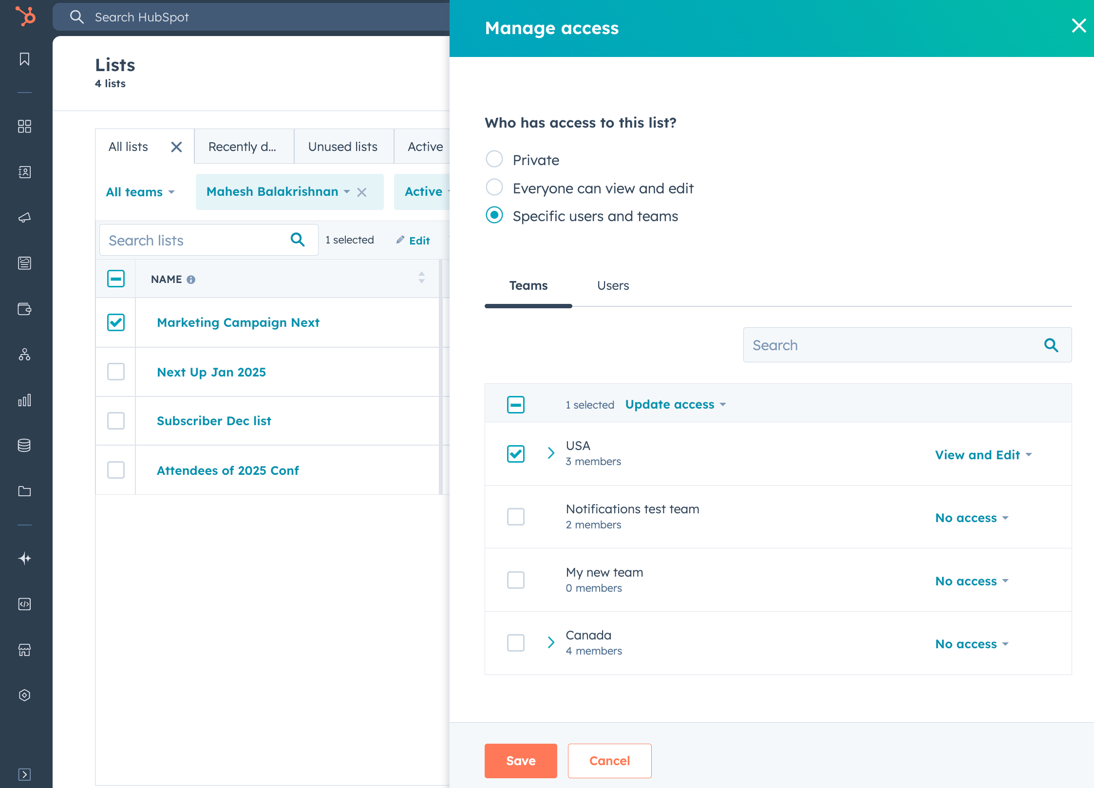 View of how permissions to edit and view specific lists works in HubSpot