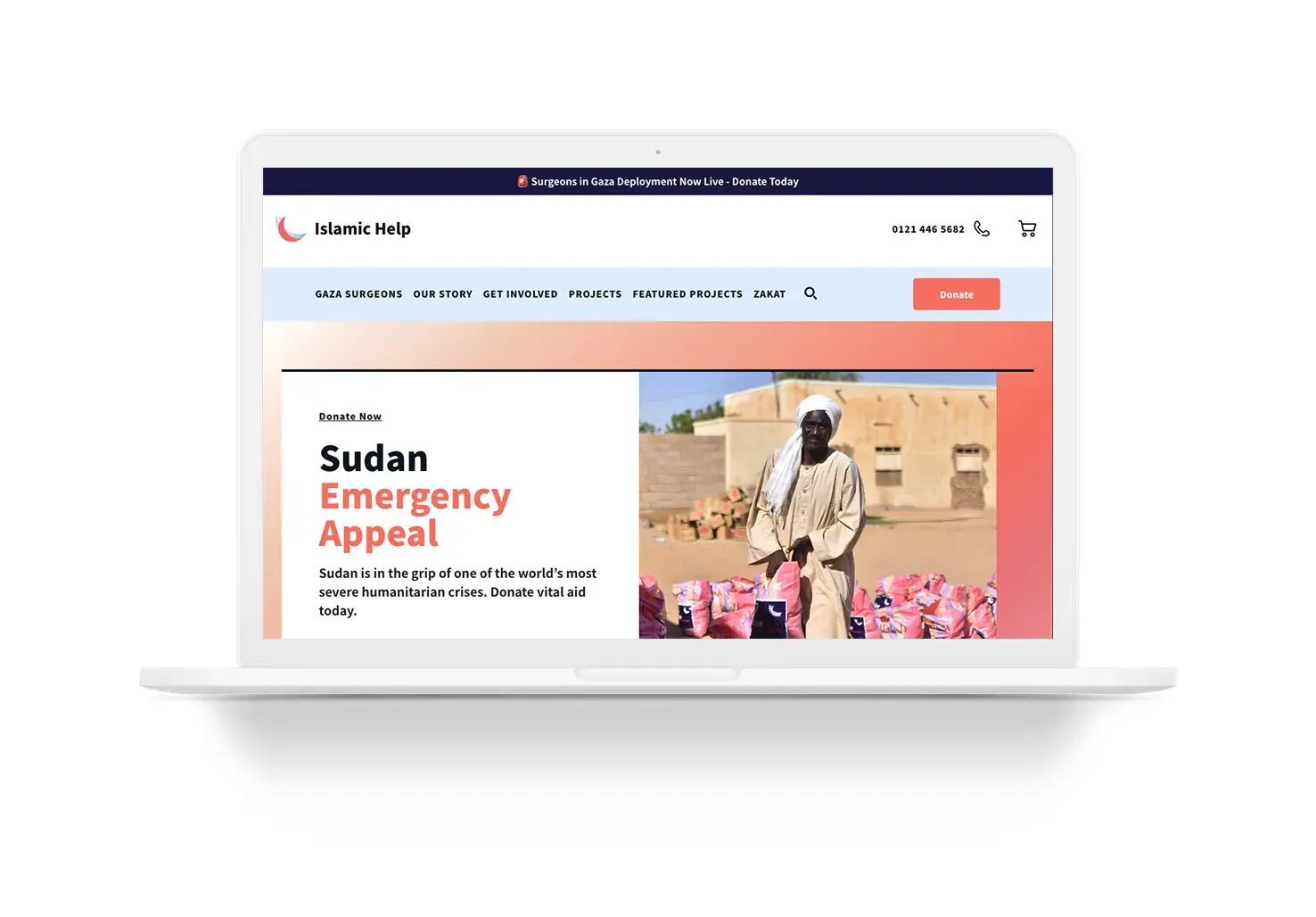 Islamic Help charity website homepage featuring Sudan emergency appeal campaign.
