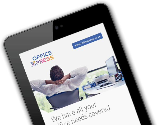 Office Xpress digital brochure displayed on tablet featuring office supplies and IT services.