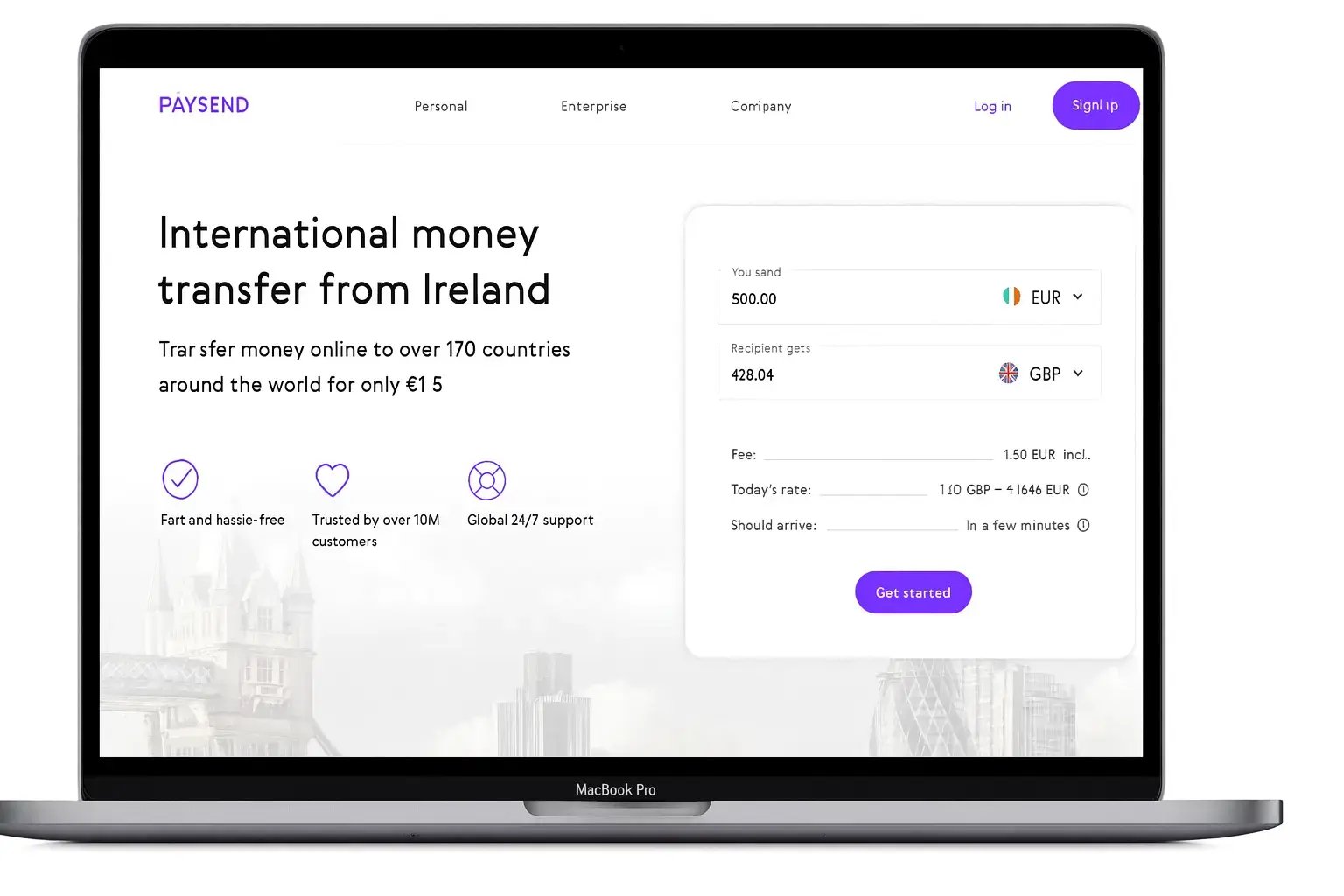 Paysend international money transfer platform showing currency exchange calculator.